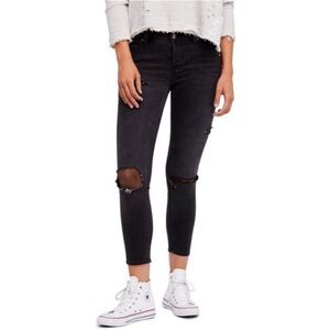 Free People Black Button Fly Distressed Fishnet Patches Skinny Leg Jeans